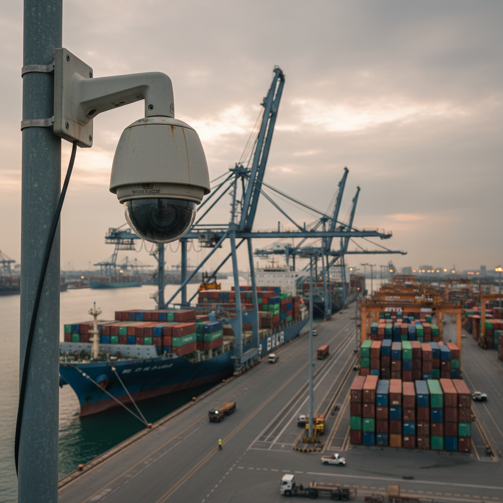 Et moderne overvågningskamera monteret på en pæl med udsigt over et travlt havneområde med containerskibe og kraner i baggrunden under en klar himmel.