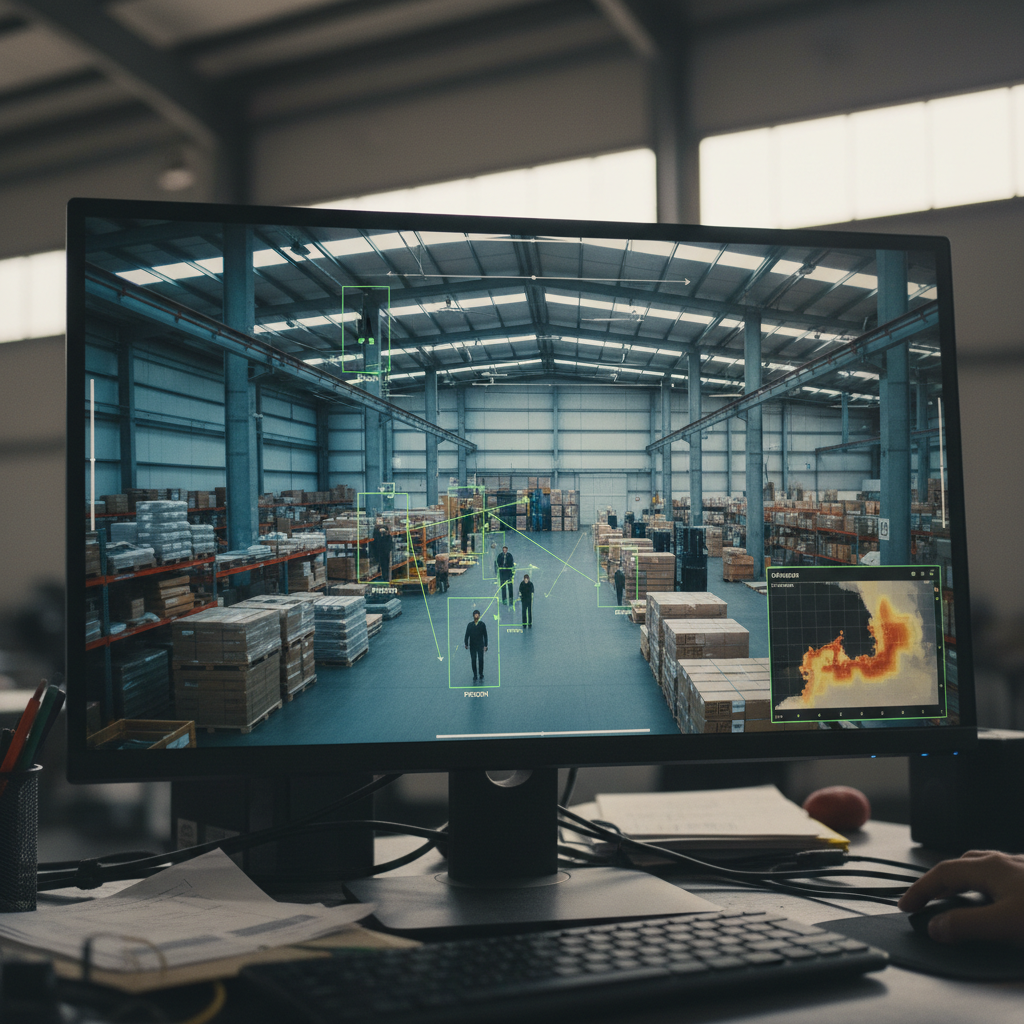 Et moderne overvågningskamera med AI-symboler og et netværk af dataforbindelser, der illustrerer edge computing