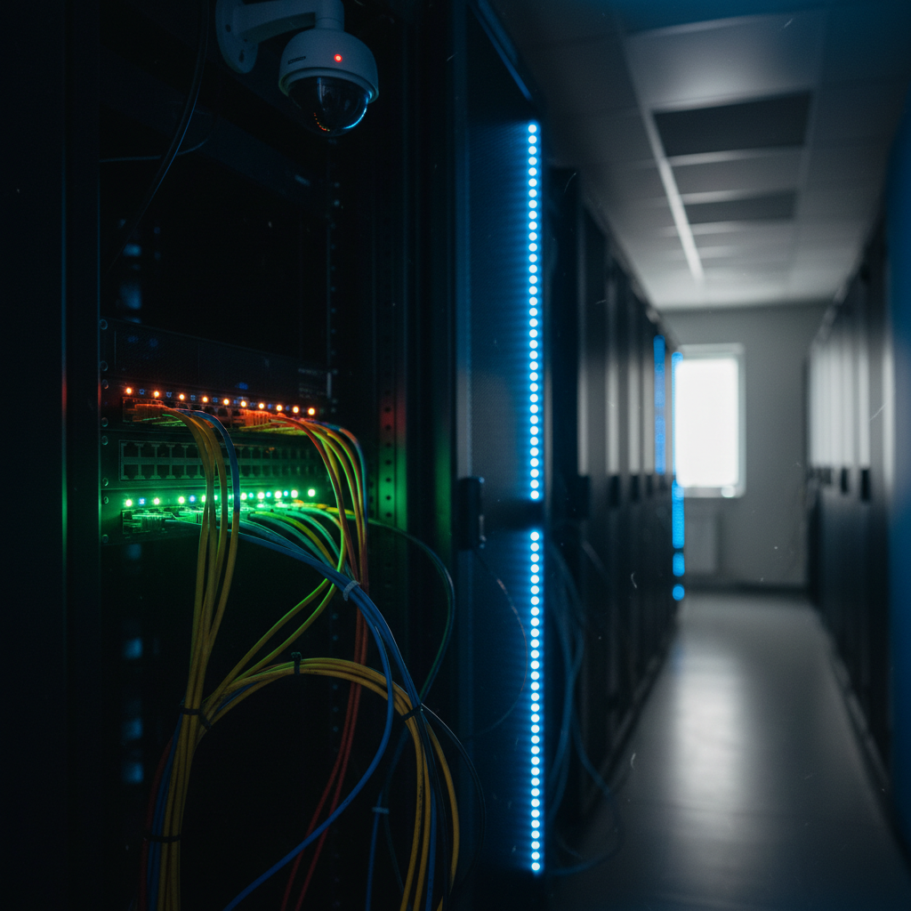 Et IP-kamera med et digitalt sikkerhedsikon over sig, der symboliserer cybersikkerhed