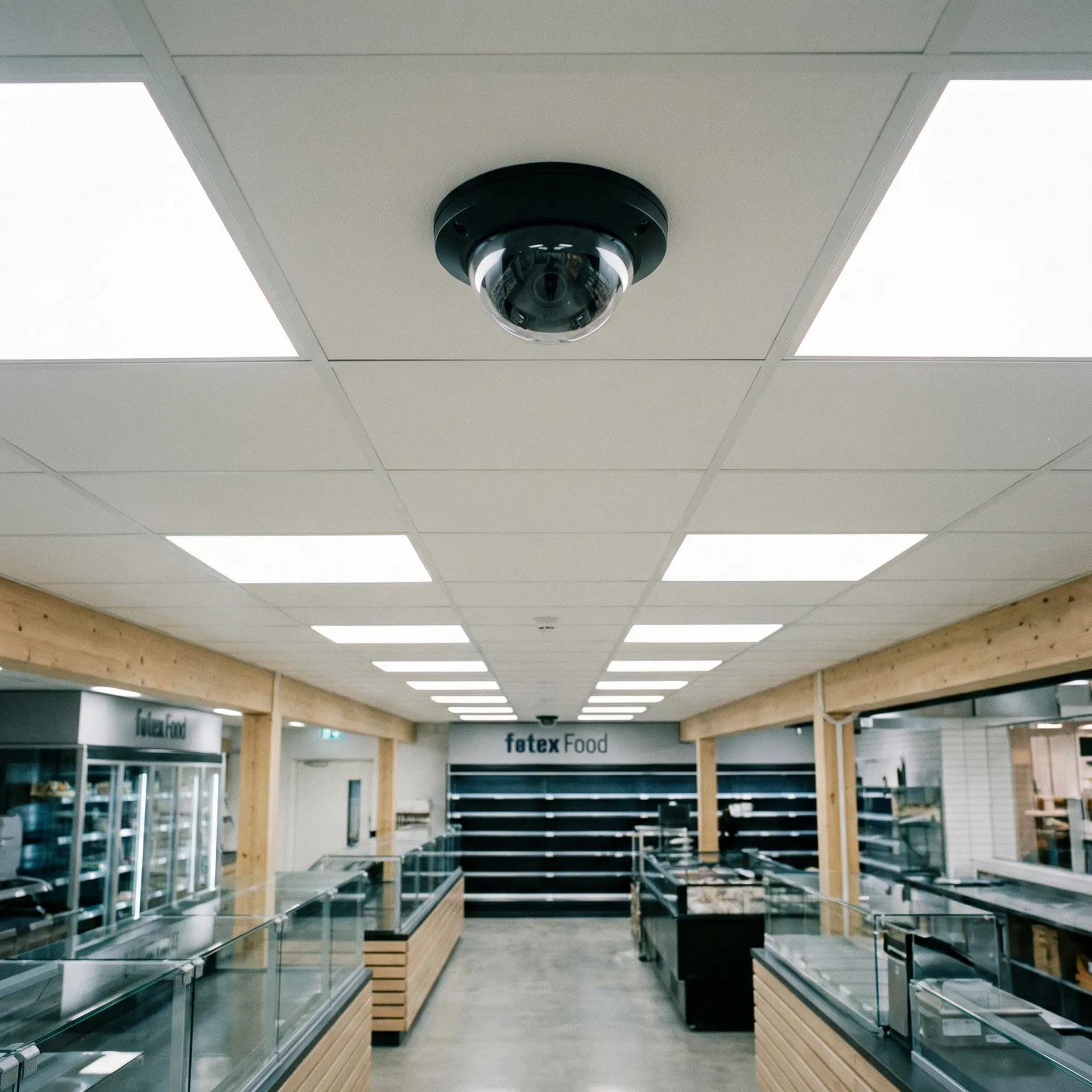 Dome-kamera i loftet på dansk dagligvarebutik