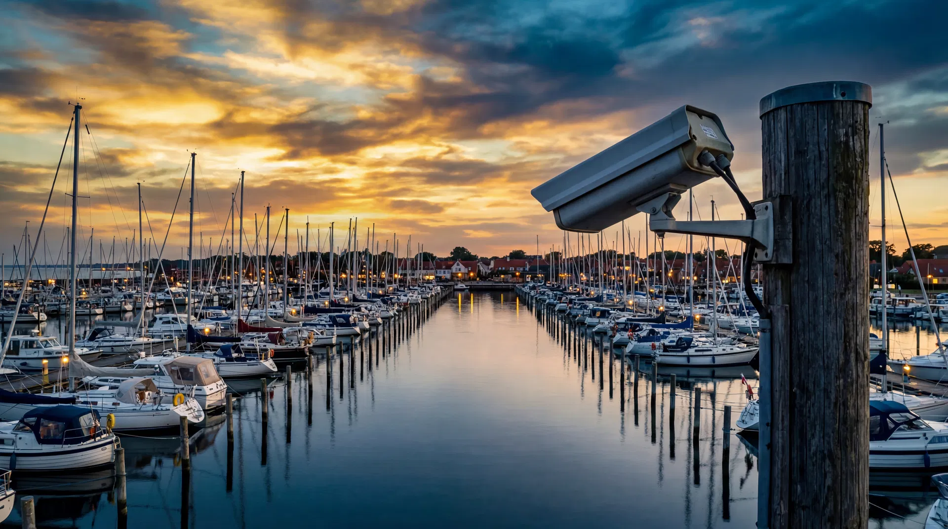 Dansk lystbådehavn ved solnedgang med overvågningskamera på bropille