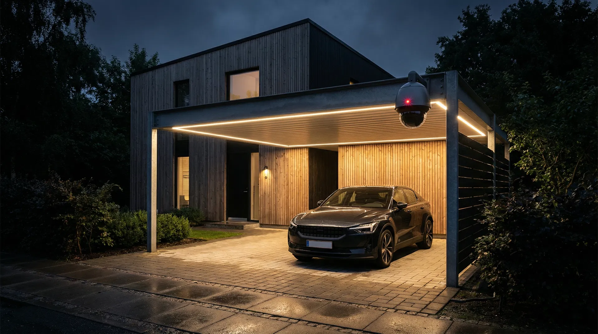 Moderne carport om natten med overvågningskamera og dyr bil