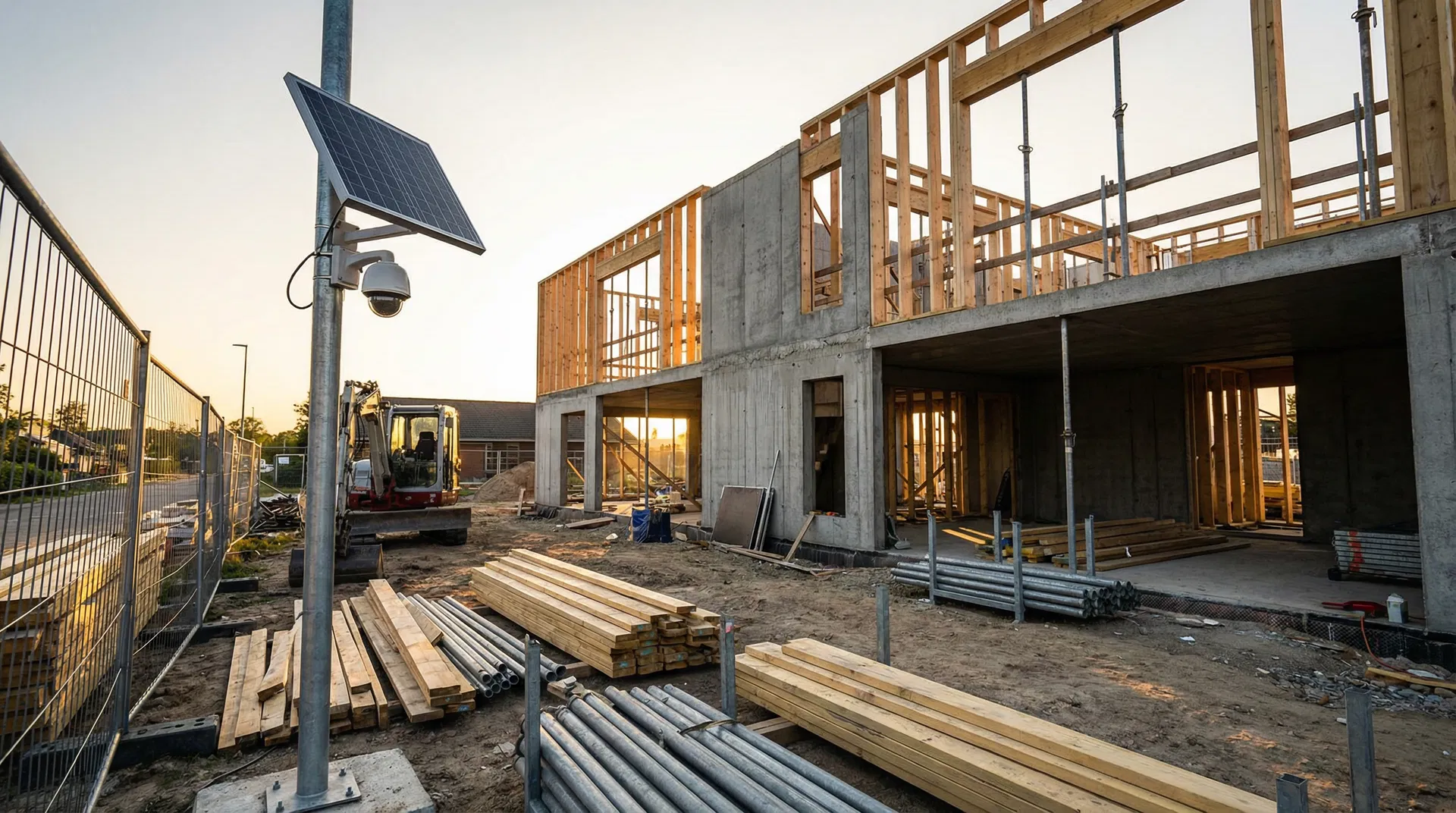 Dansk nybyggeri under opførelse ved solnedgang med overvågningskamera på pind