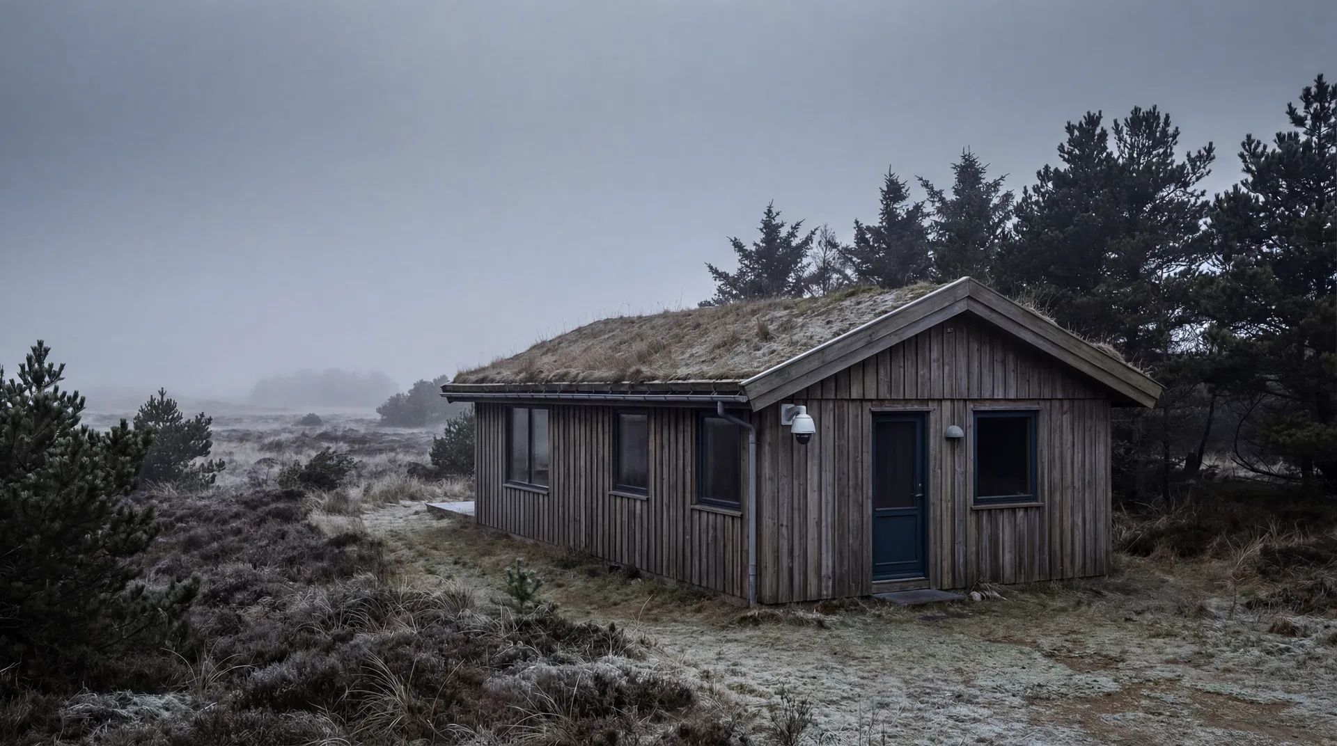 Dansk sommerhus i klitlandskab med overvågningskamera ved ind gang