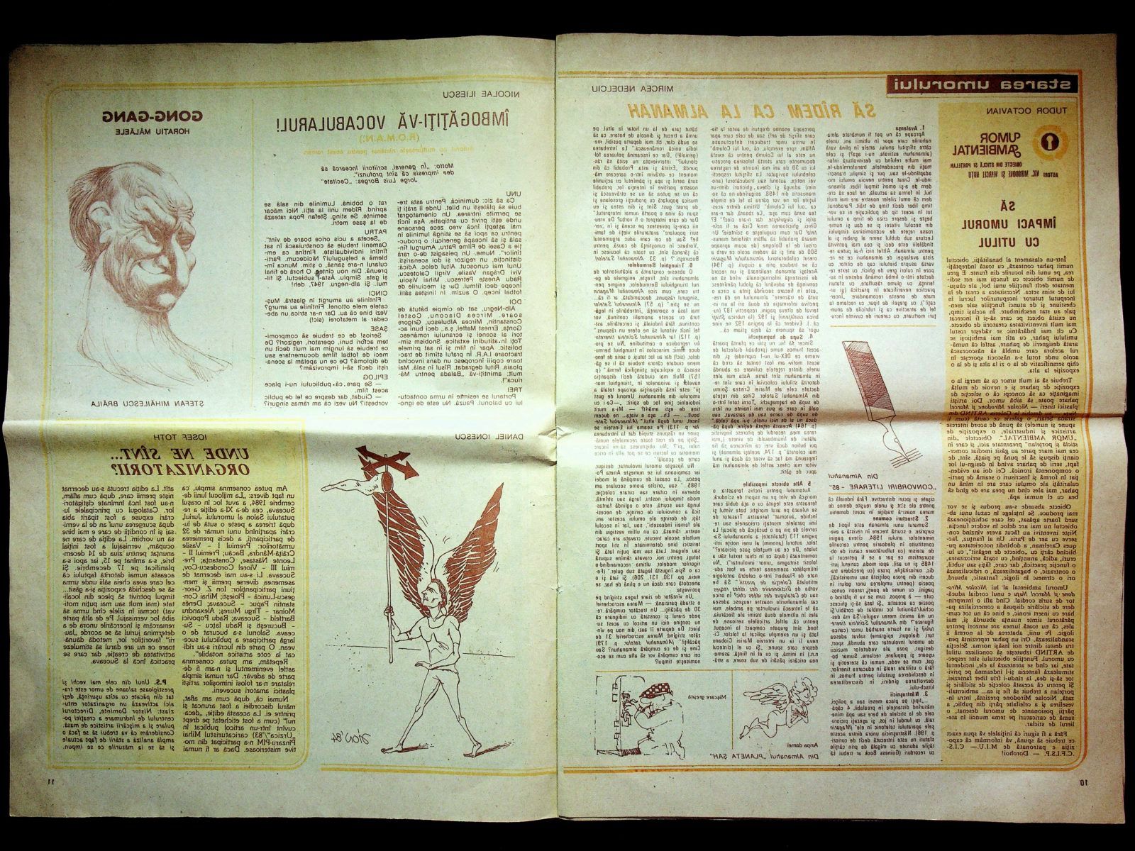 Caricatura din anii '80 care arată un toboșar tremurând, cu o tobă-canistră goală de benzină