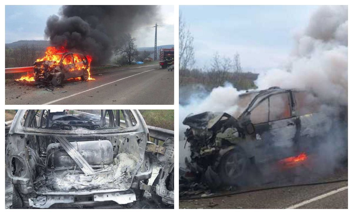 Tragedie în Vinerea Mare: Mașină în flăcări după impact, doi răniți grav!