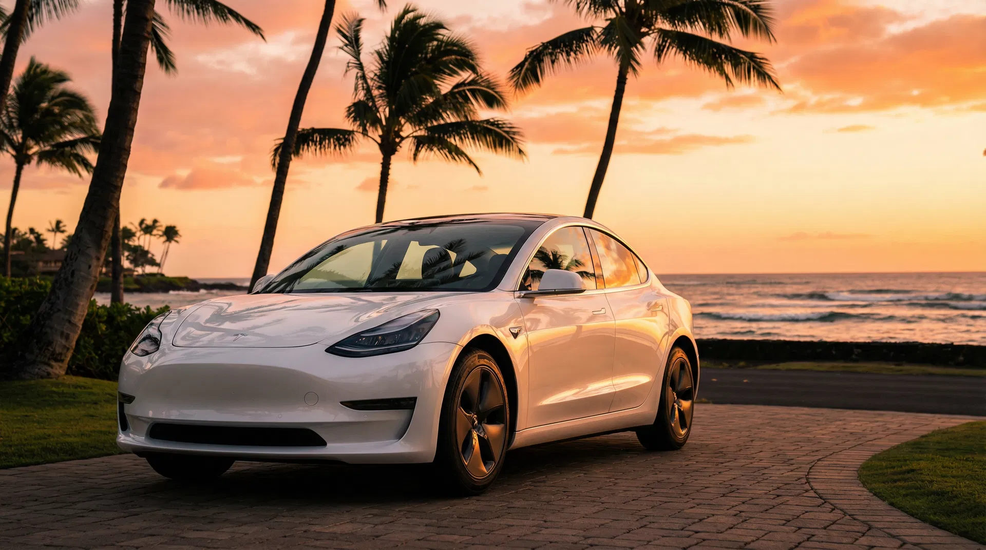 Tesla Model 3 at Mākaha beachfront