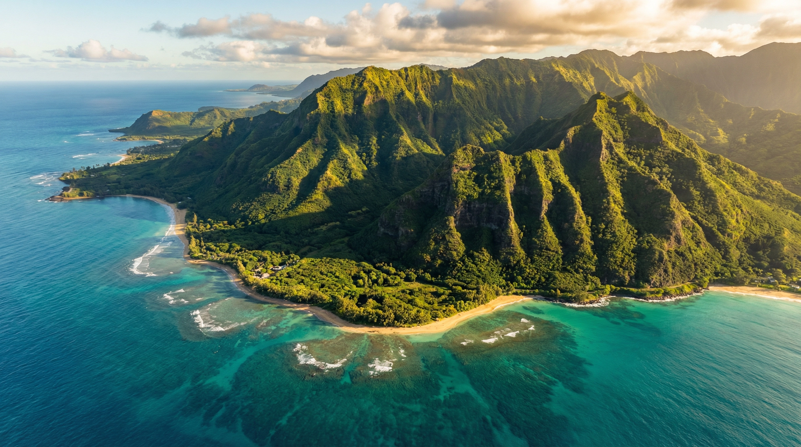 Dramatic aerial view of O‘ahu’s West Side — turquoise ocean, golden sand, and the Waianae Mountains