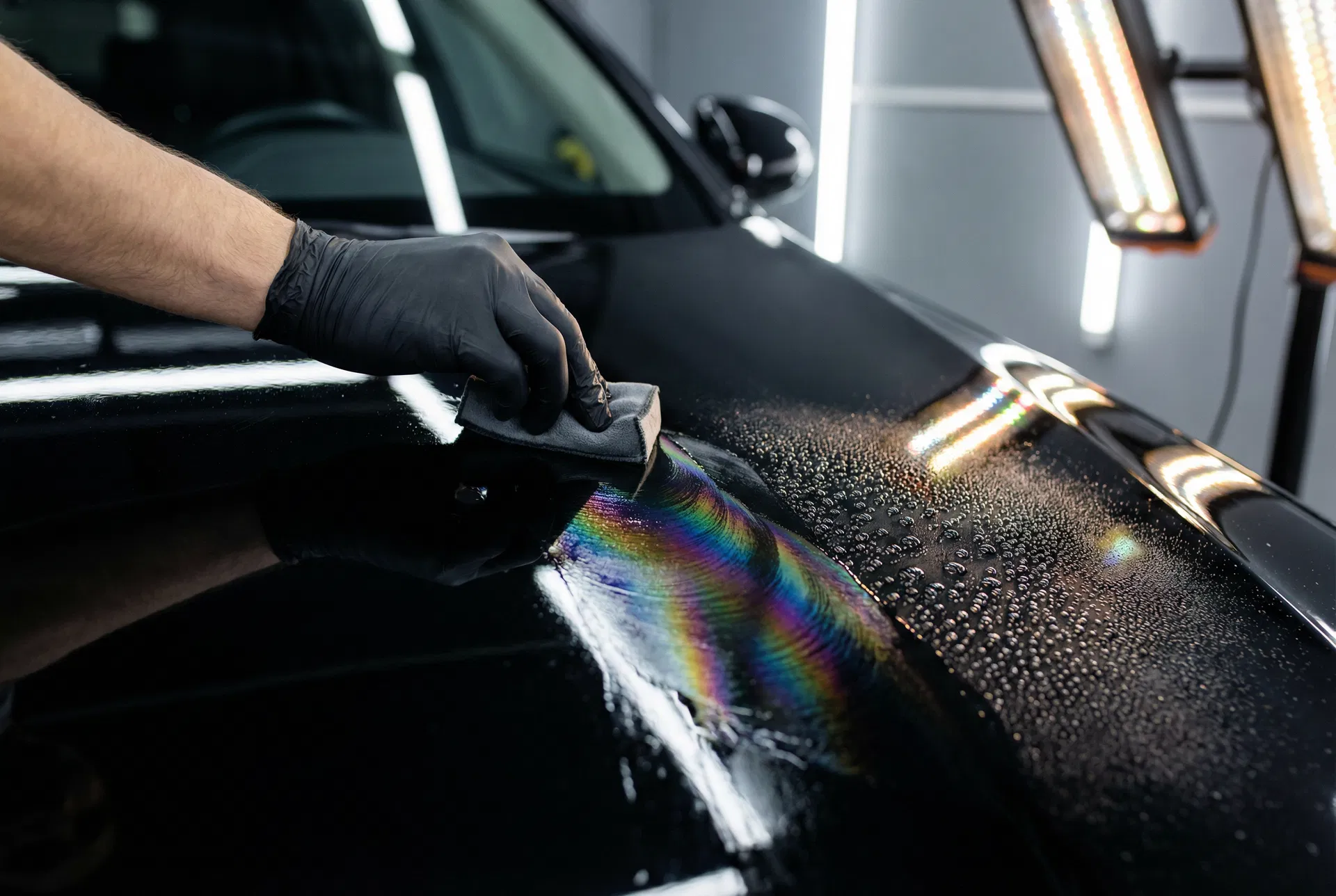 Close-up of ceramic coating being applied with rainbow iridescent sheen