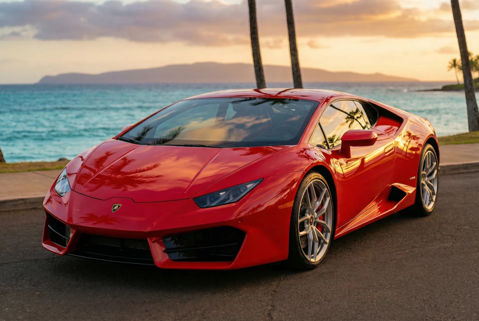 Red Lamborghini Huracán freshly detailed at Hawaiian coast