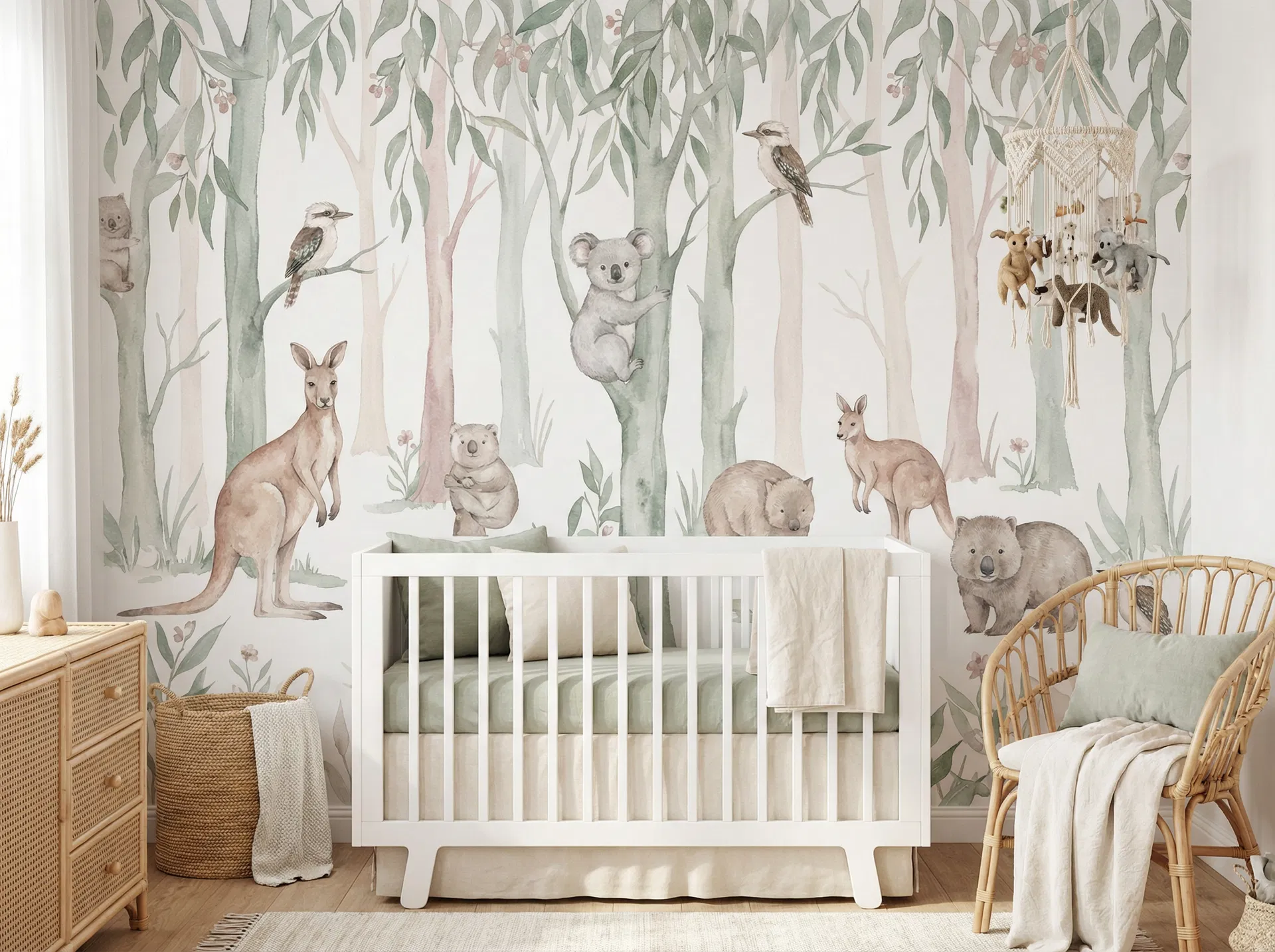 Completed nursery wallpaper feature wall