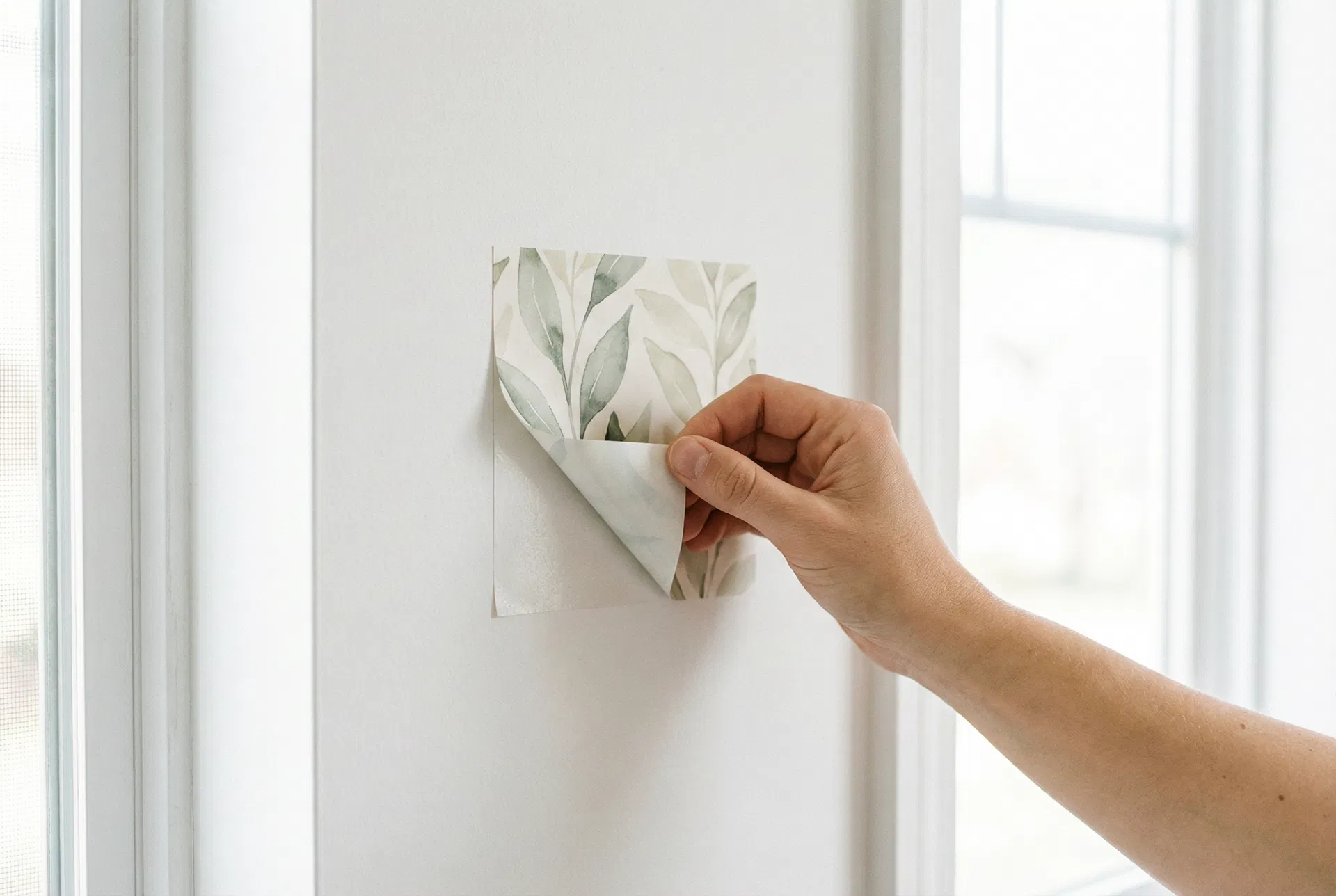 Testing a wallpaper sample on a wall