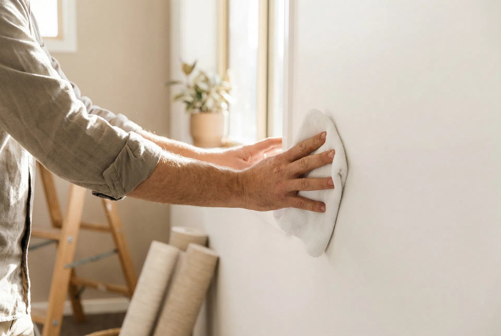 Wiping wall with microfibre cloth before installation