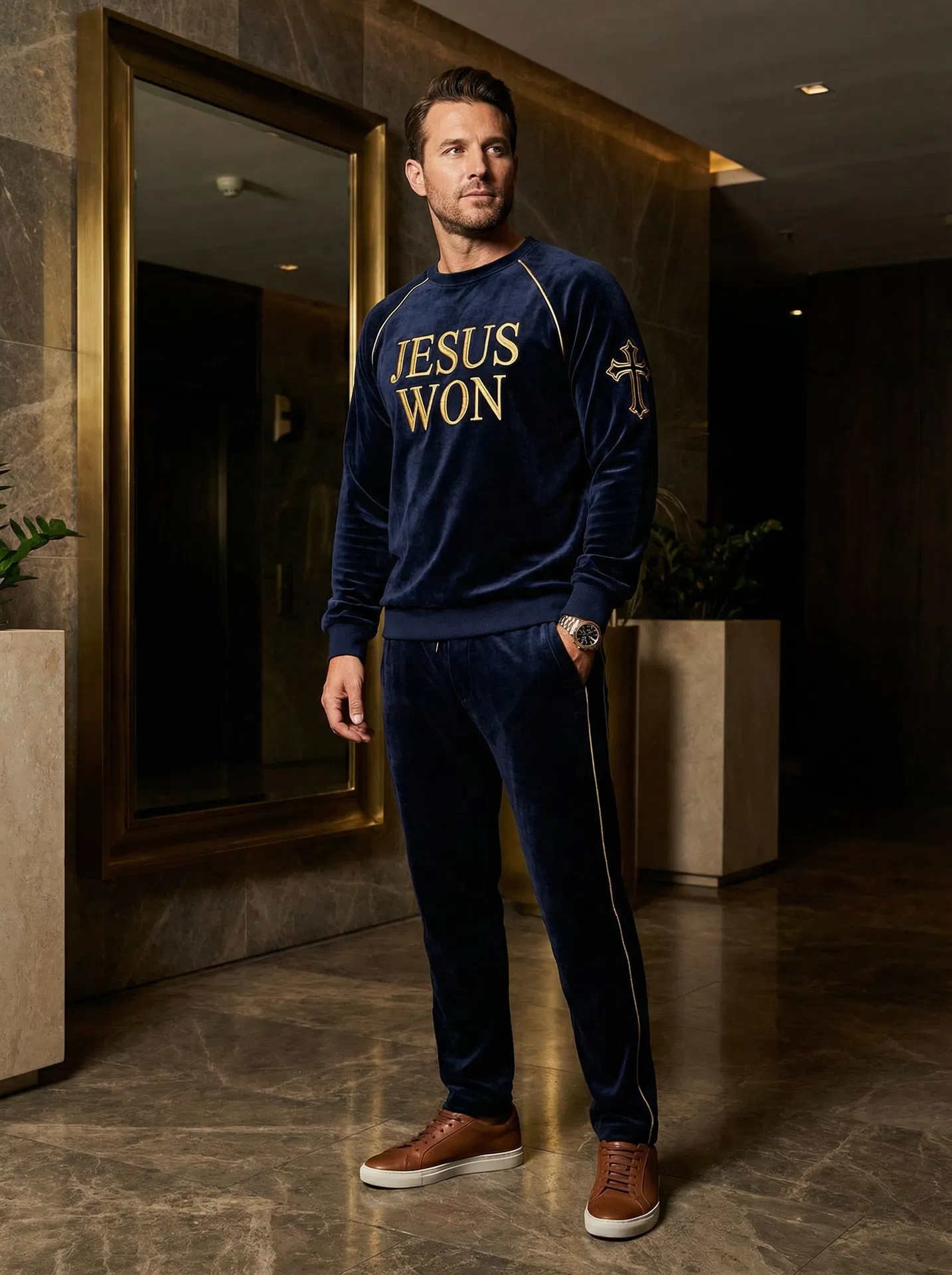 Jesus Won Velvet Tracksuit — Navy/Gold