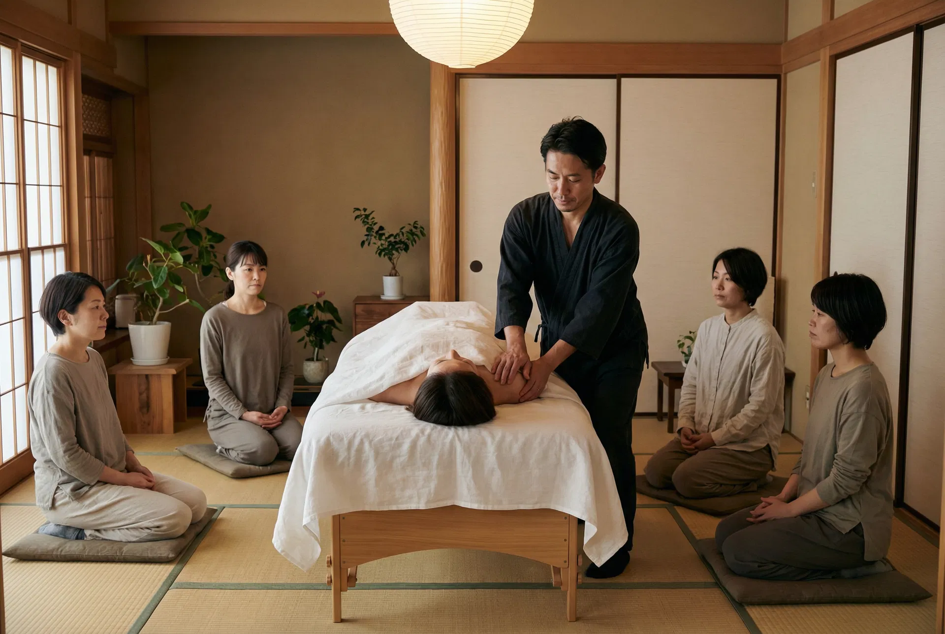 施術を実演するセラピストと見守る受講者たち