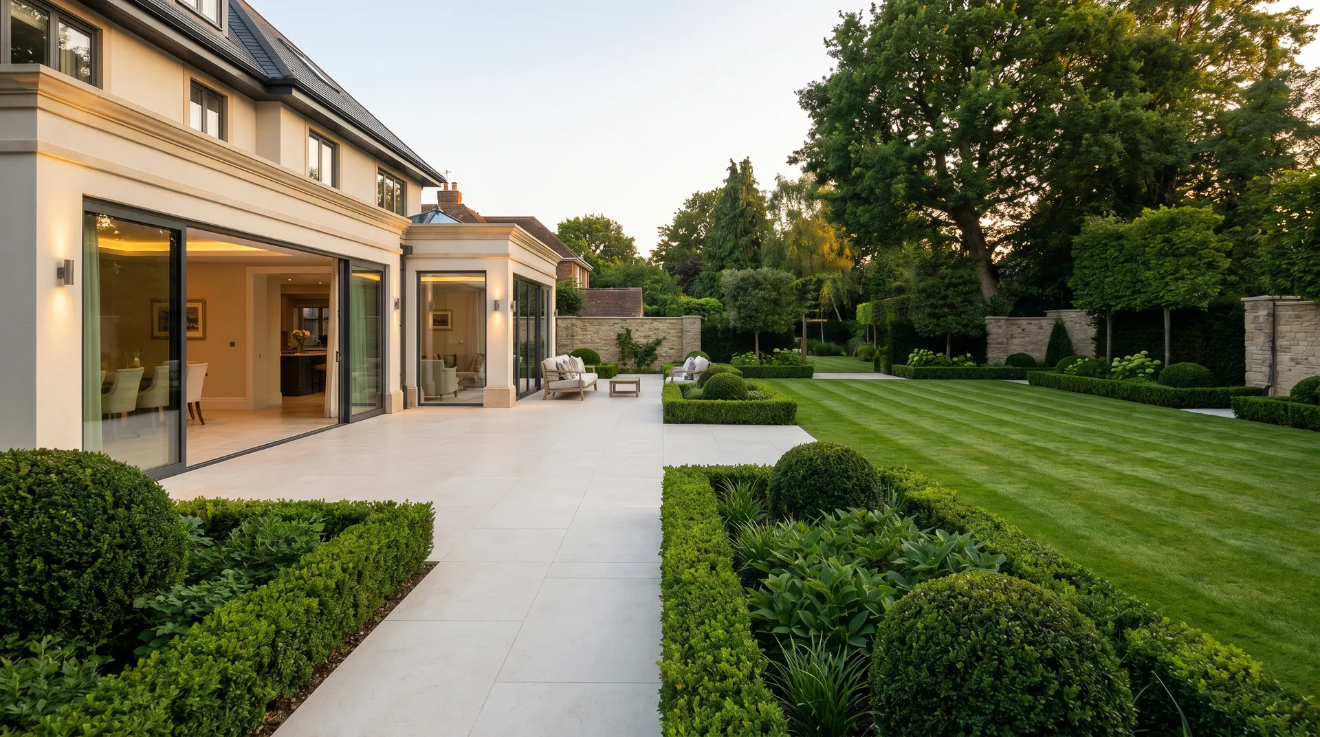 Elegant finished garden with porcelain patio, structured planting, lawn, and a refined home exterior