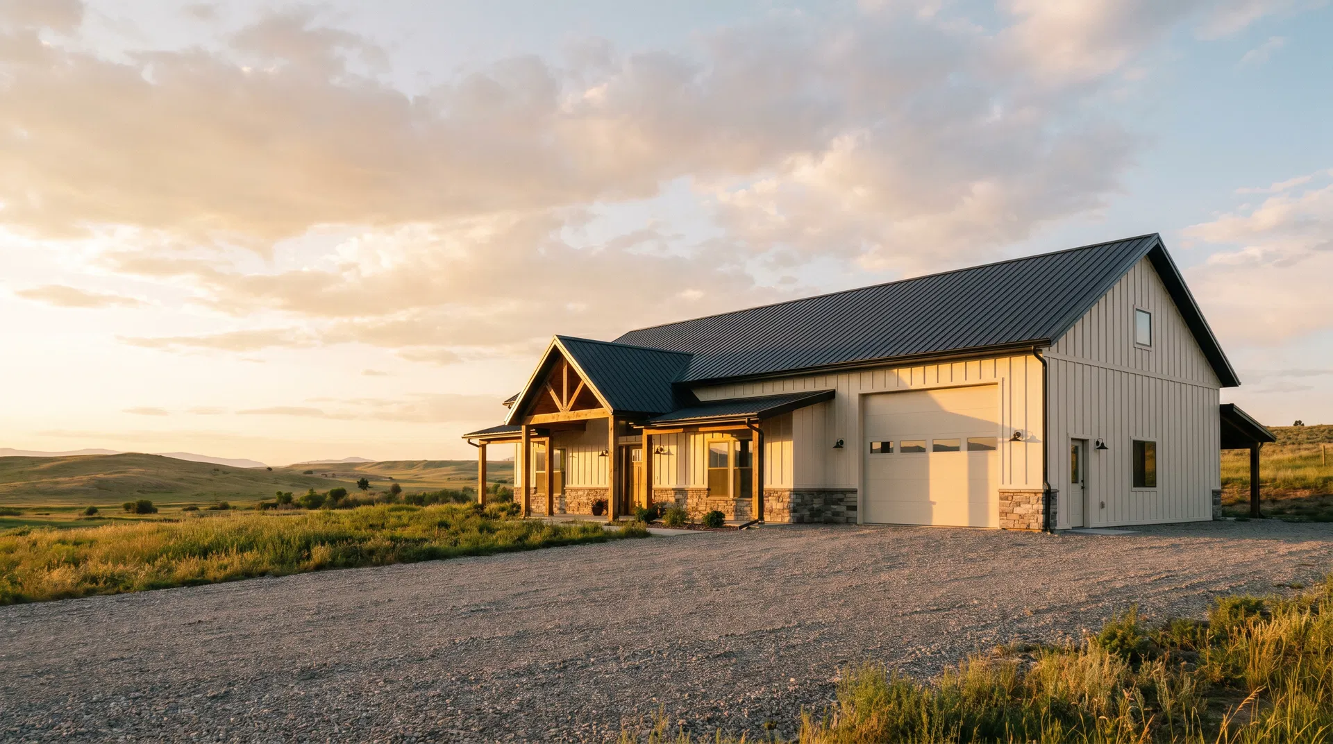 Finished ranch modern barndominium on open rural land at sunset