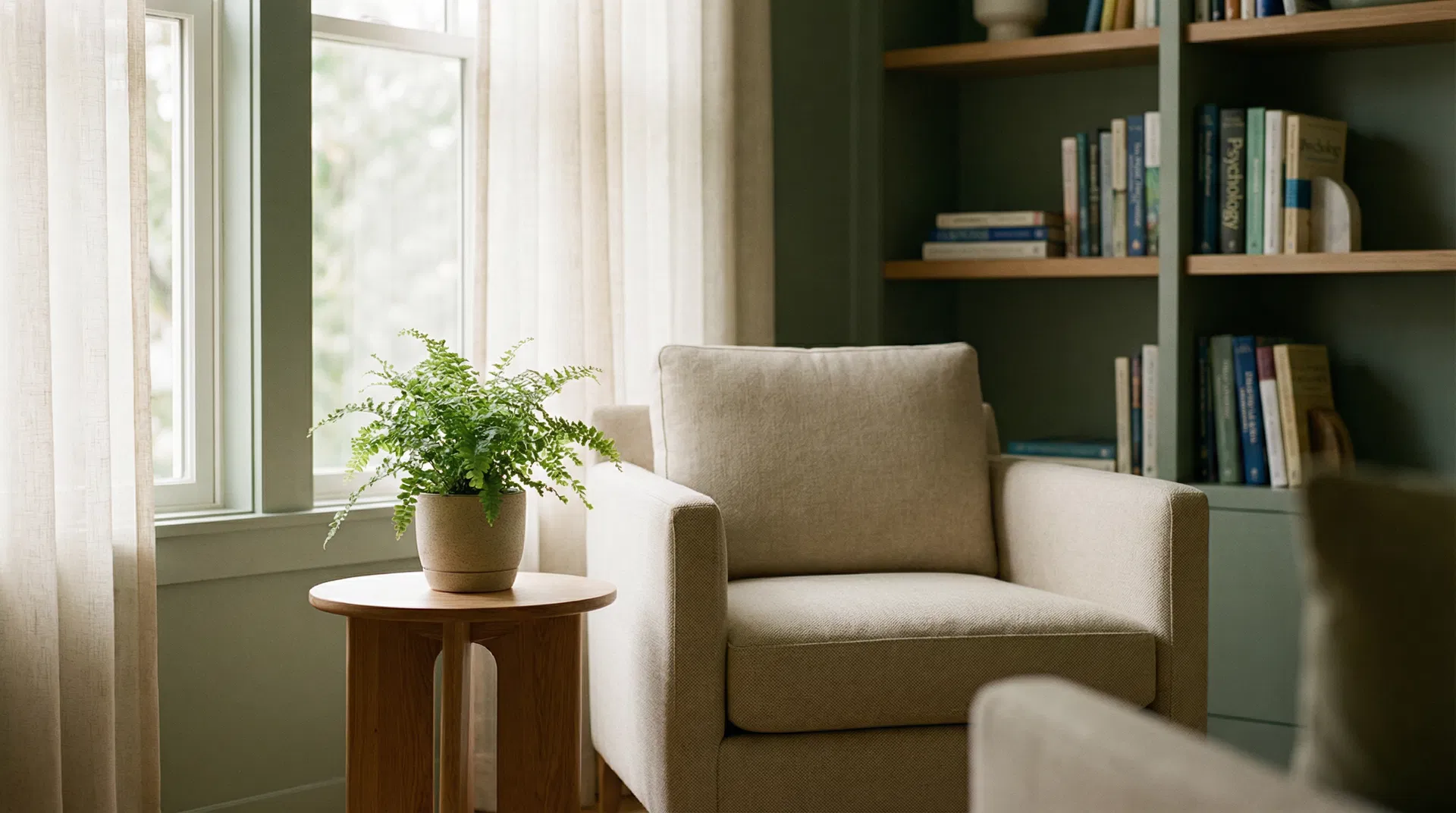 Ambiente acolhedor do consultório de psicologia