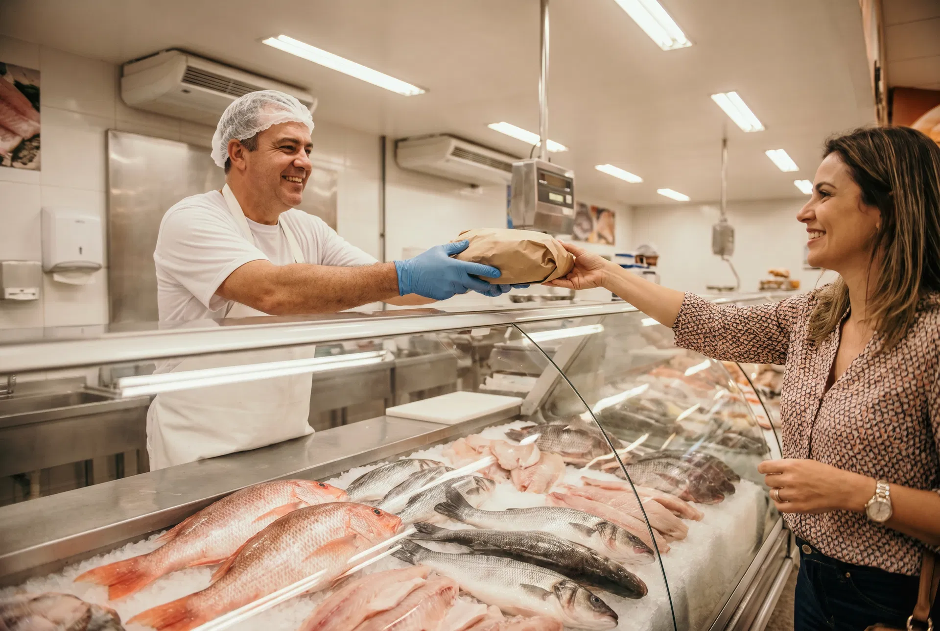 Vendedor de peixe em supermercado