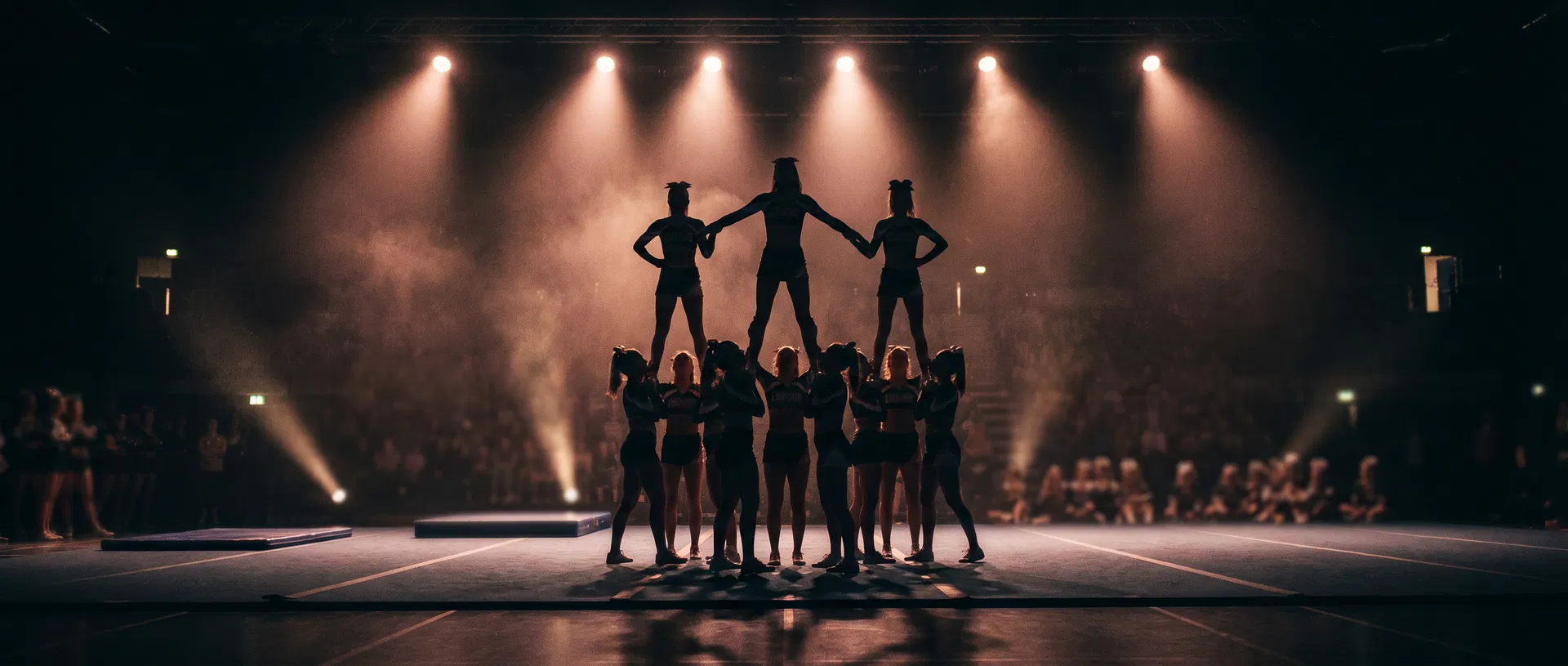 Competitive cheerleading team performing under dramatic stage lighting