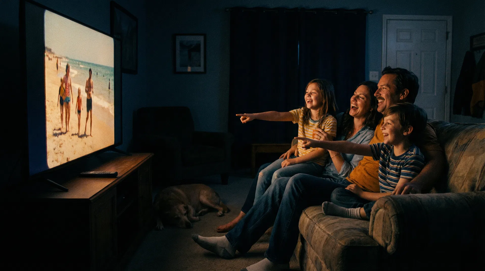 Family watching home movies together