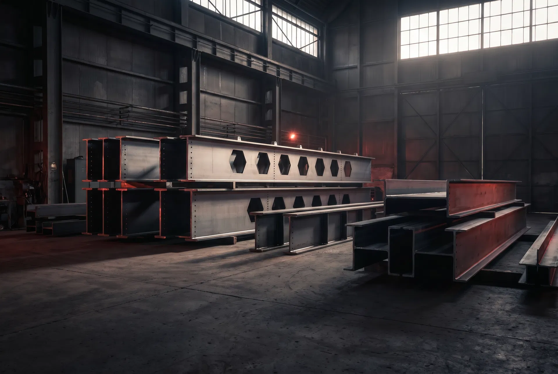 Fabricated castellated sections arranged in an industrial workshop