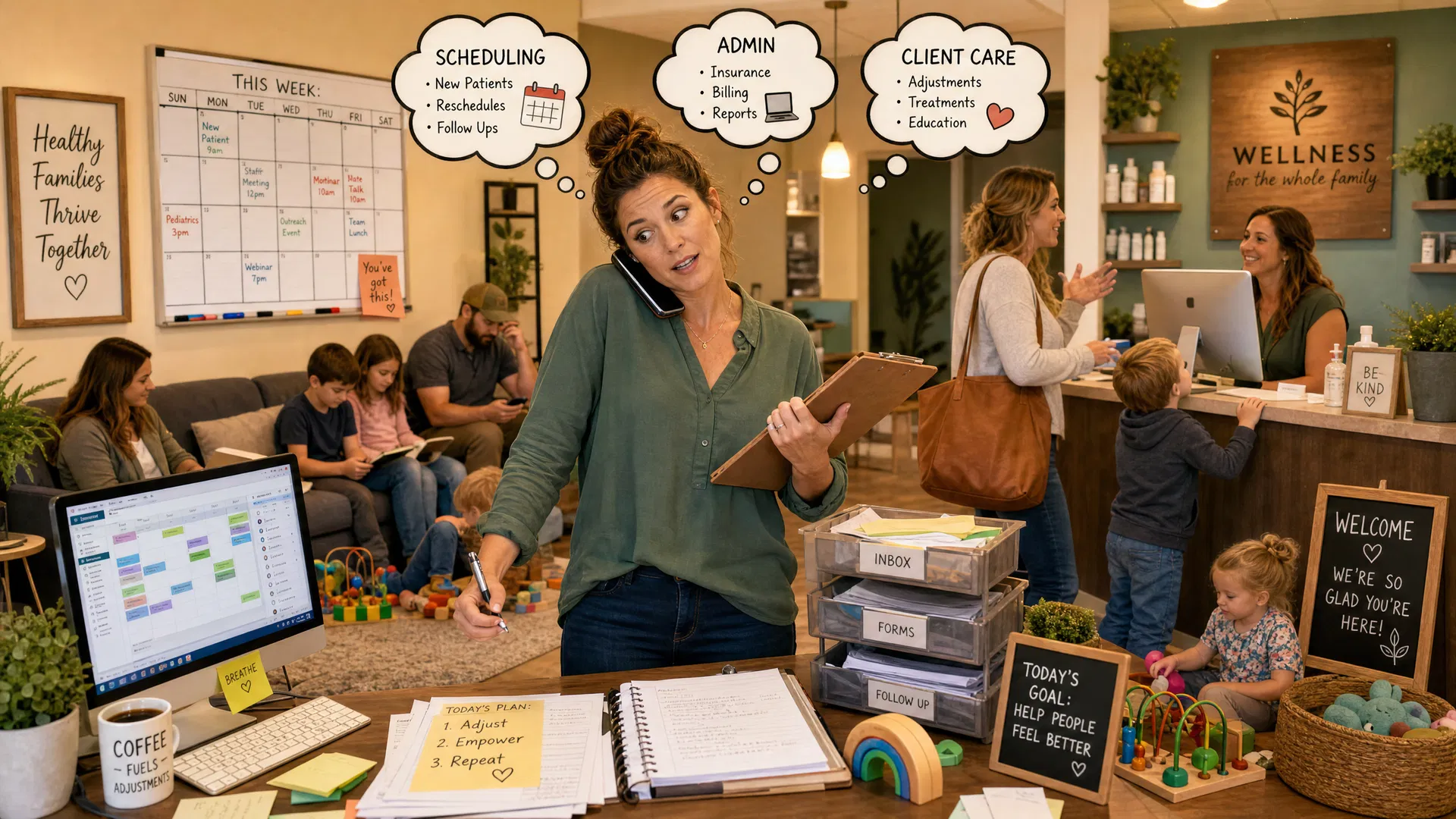 Wellness practice owner managing multiple tasks with families