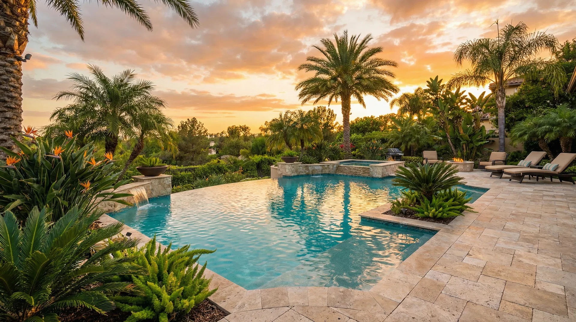 Beautiful backyard pool at golden hour