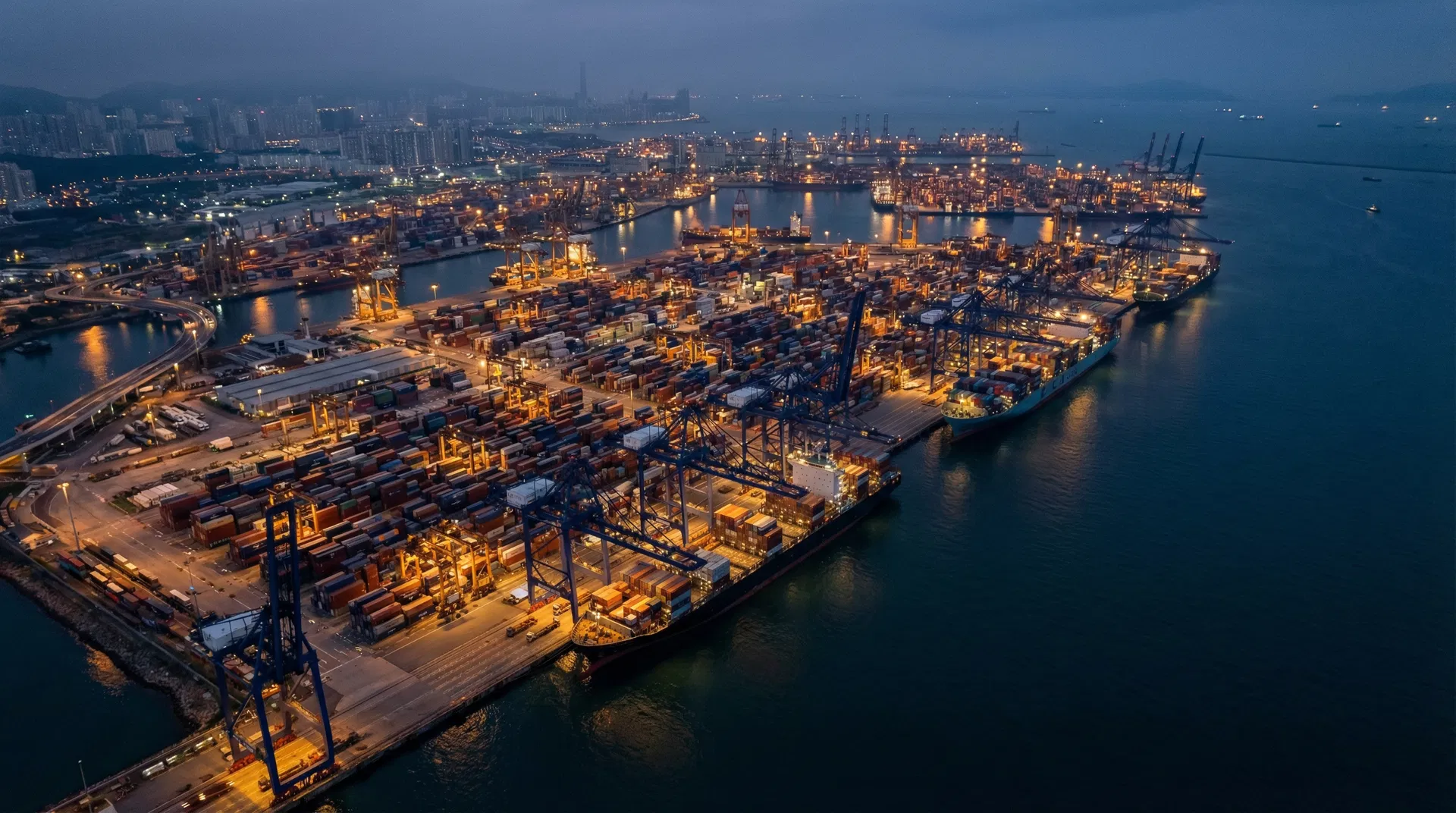 International shipping port at night — global logistics