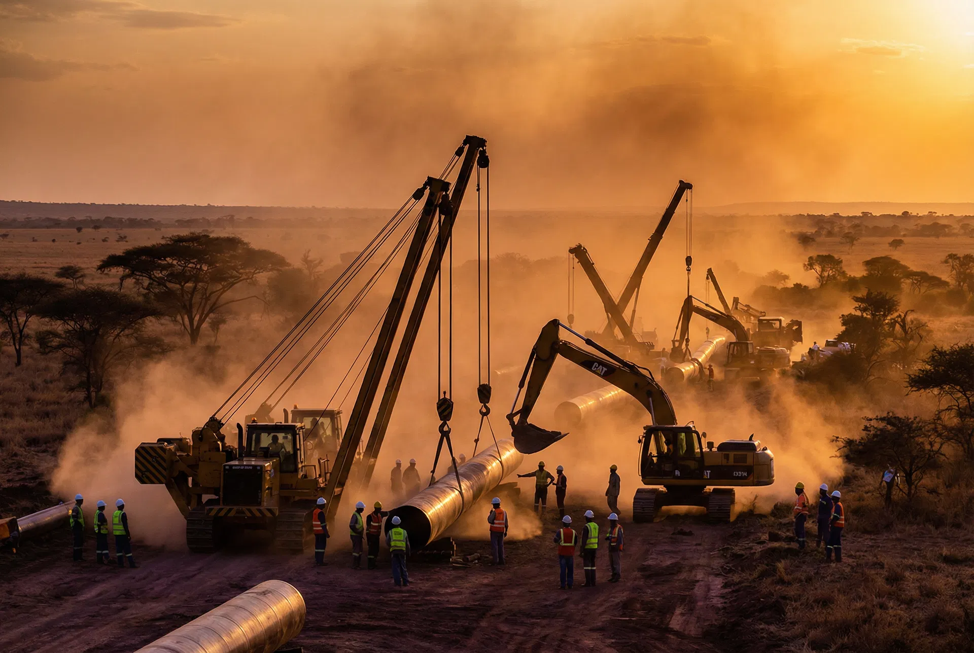 Pipeline construction project in Africa at golden hour