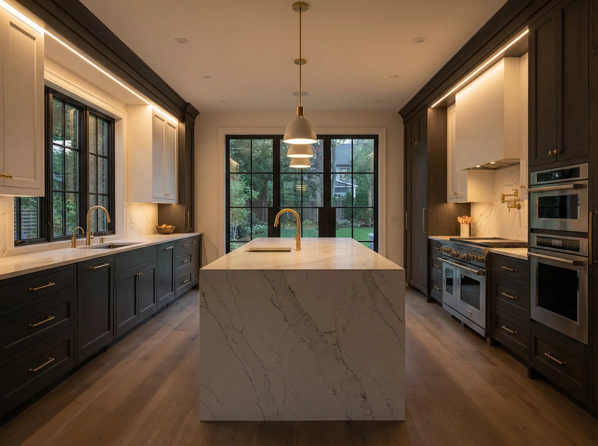 Dark charcoal two-tone kitchen cabinets with quartz island — custom cabinetry Ohio