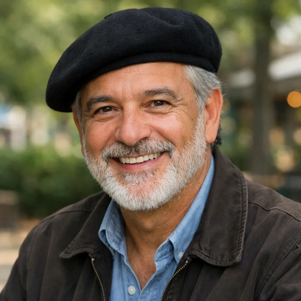 Marcos Silva, 55 anos, com boina e barba branca