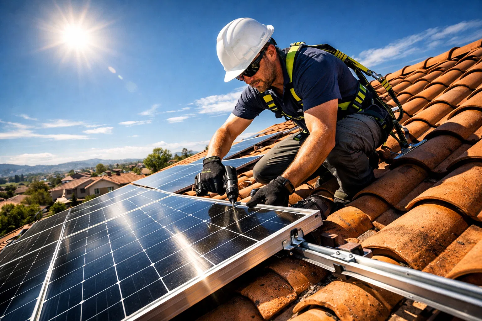 Profissional instalando painéis solares no telhado