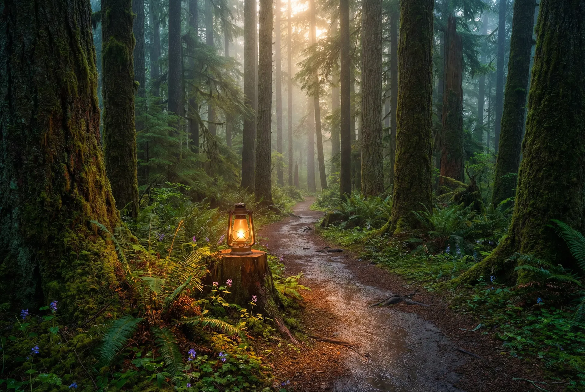 Forest path with lantern
