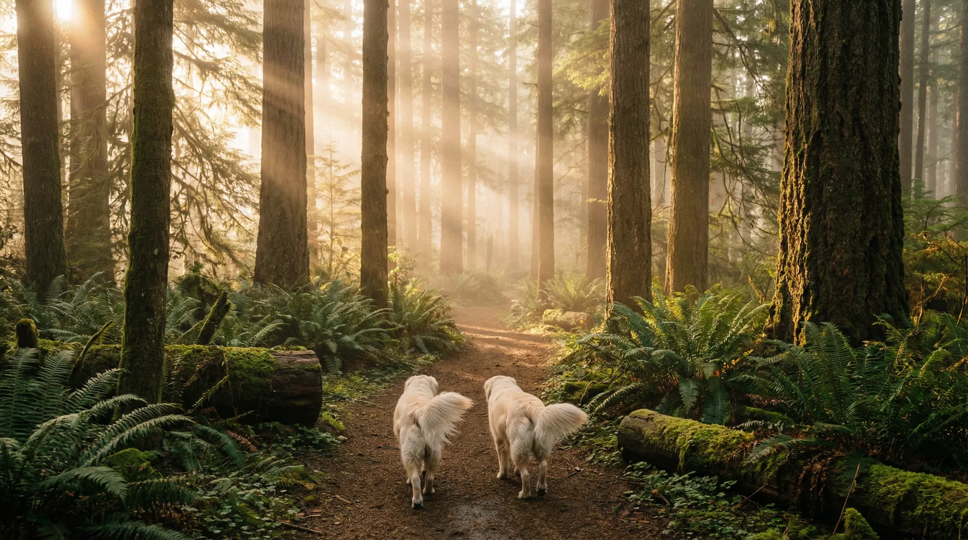 Golden Retrievers walking through a sunlit Pacific Northwest forest