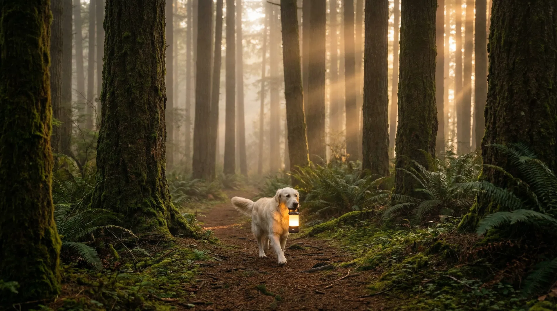 Golden Retriever carrying a glowing lantern through a misty forest trail
