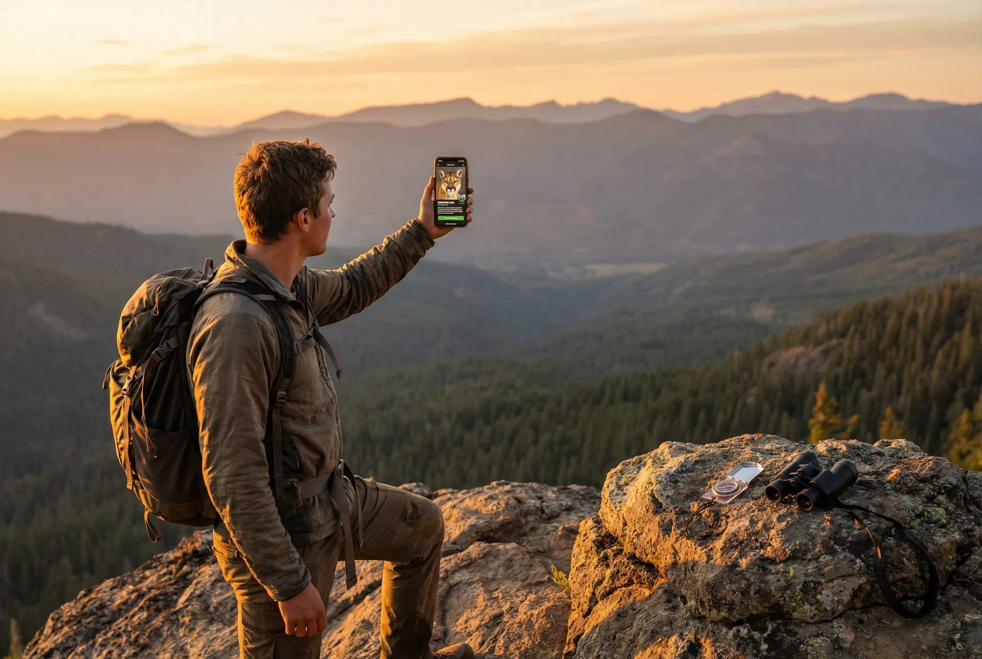 Hiker using the Oxylus public app for wildlife identification on a mountain overlook
