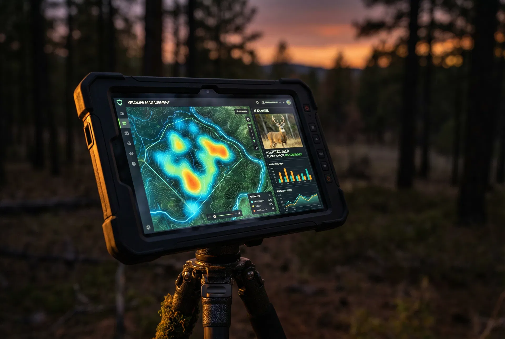 Wildlife management dashboard on a rugged field tablet in a forest setting