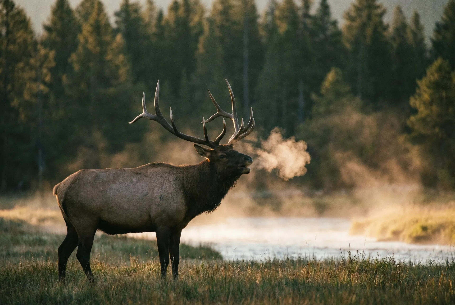 Bull elk in a misty meadow at dawn — representing the wildlife Oxylus helps protect