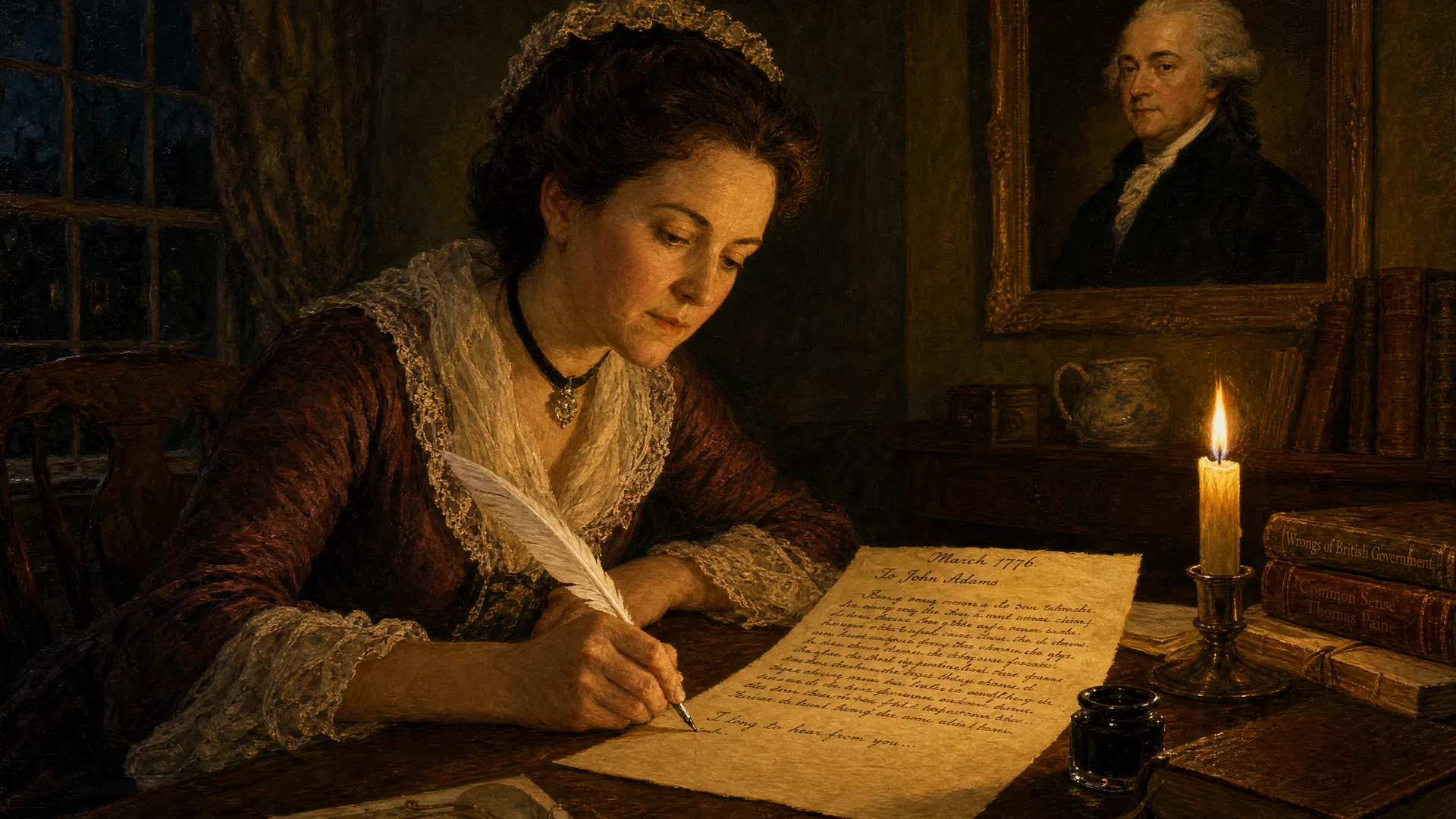 Abigail Adams writing the famous "Remember the Ladies" letter by candlelight in Braintree, Massachusetts, March 31, 1776 — quill pen on parchment, a portrait of John Adams on the wall behind her