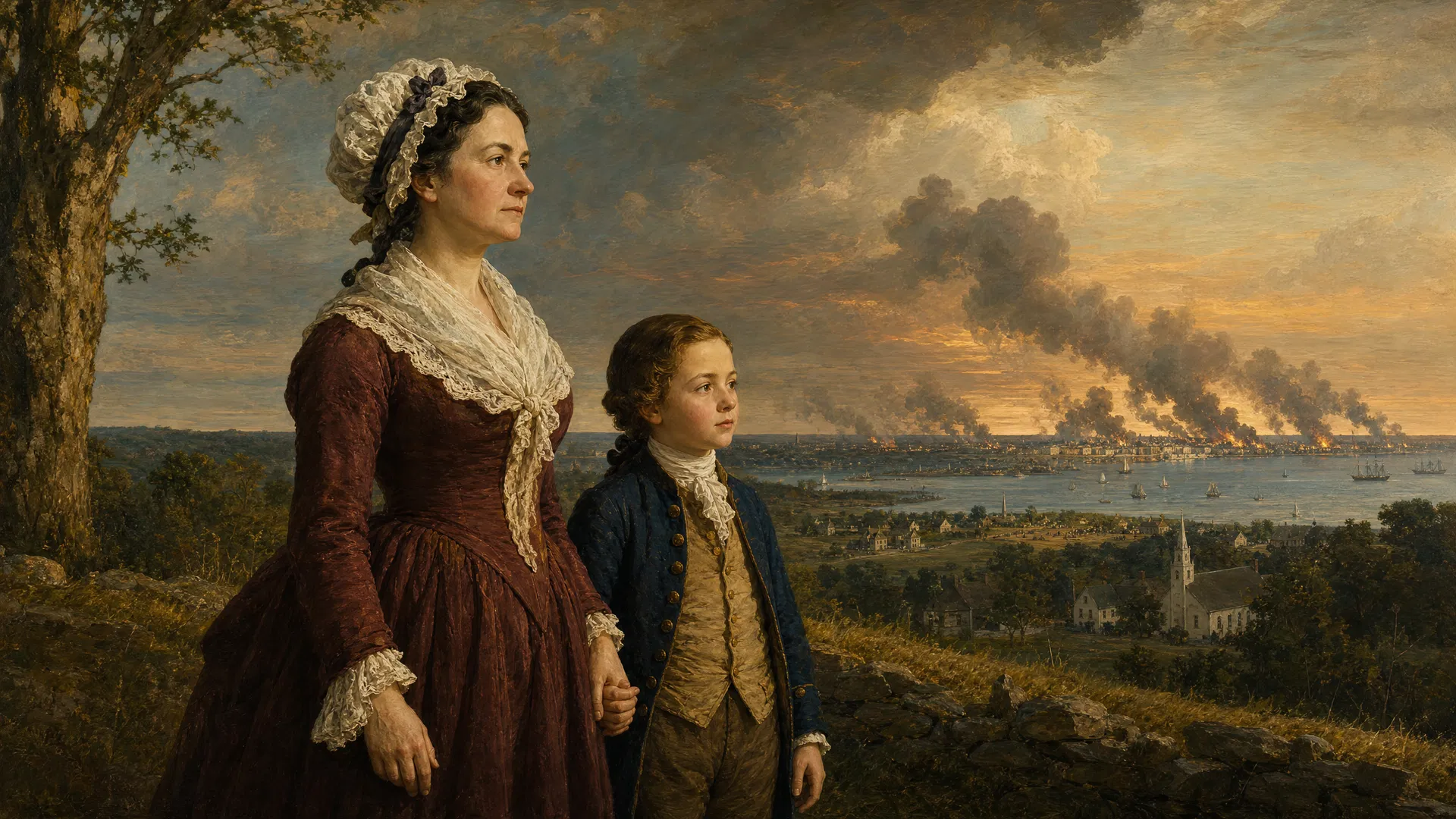 Abigail Adams and young John Quincy Adams standing on Penn's Hill in Braintree, Massachusetts, watching smoke rise from the Battle of Bunker Hill in the distance, June 1775 — mother and son in colonial dress, stoic and resolute