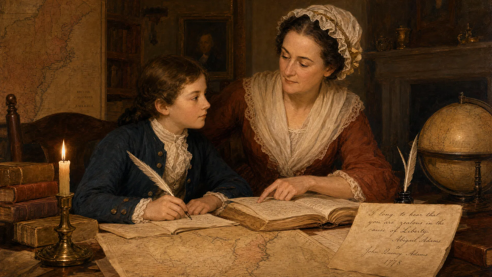 Abigail Adams teaching young John Quincy Adams at a colonial writing desk, books and maps spread before them, candlelight illuminating the scene — a mother educating the future sixth President of the United States