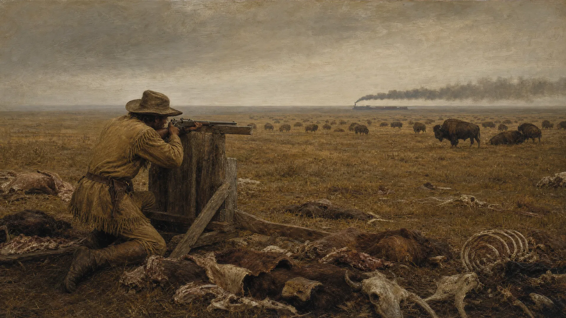 A professional buffalo hunter of the 1870s aims his Sharps rifle at a bison herd on the Great Plains, with bison hides and bones in the foreground and a railroad train on the horizon