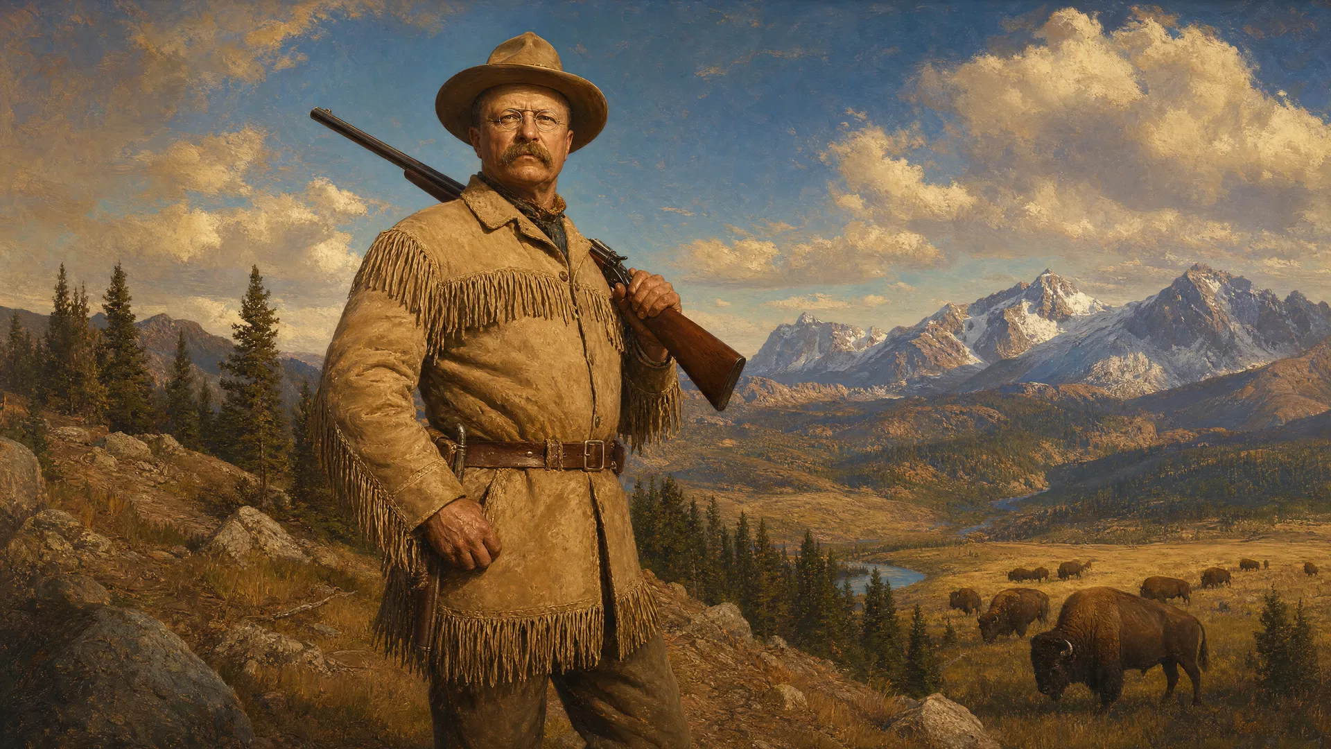Theodore Roosevelt standing in the Montana wilderness with his rifle over his shoulder, full figure visible with his wide-brimmed hat, bison grazing in the valley behind him