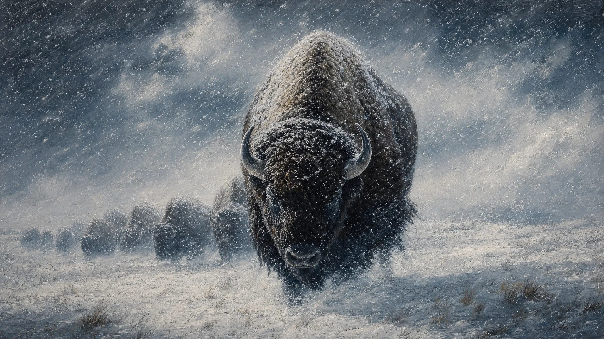 A massive American bison bull charging directly into a Great Plains blizzard, head lowered into the driving snow and wind, the rest of the herd following behind