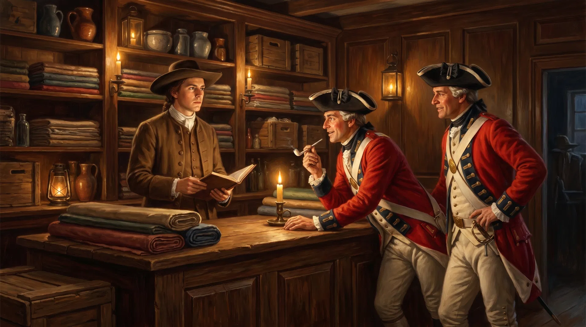 Robert Townsend behind the counter of his colonial dry-goods store in New York City, two British Redcoat officers talking freely nearby, unaware he is a Patriot spy
