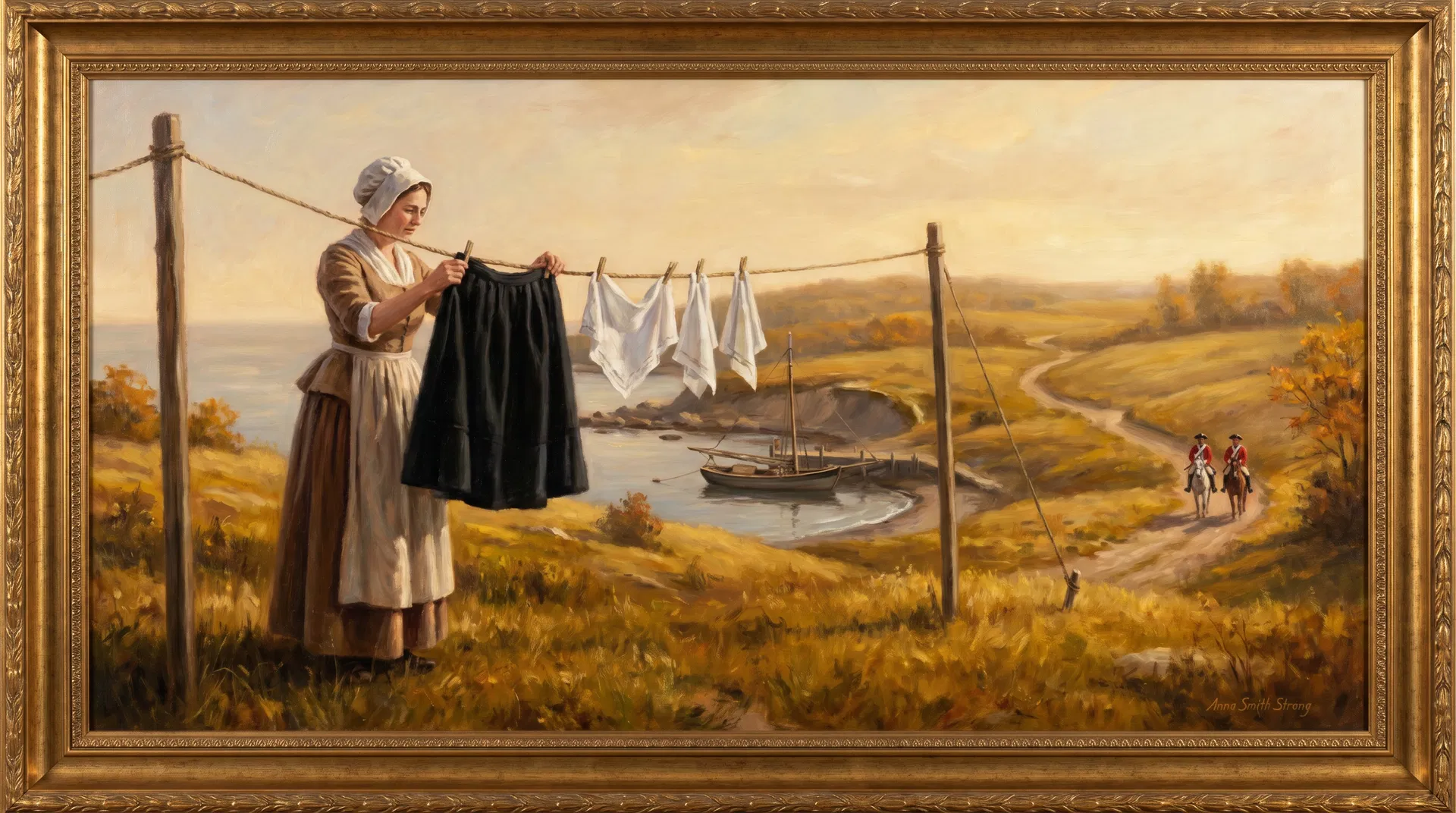 Anna Smith Strong hanging a black petticoat and white handkerchiefs on her clothesline as a secret signal for the Culper Spy Ring, with Setauket Harbor and British soldiers visible in the background