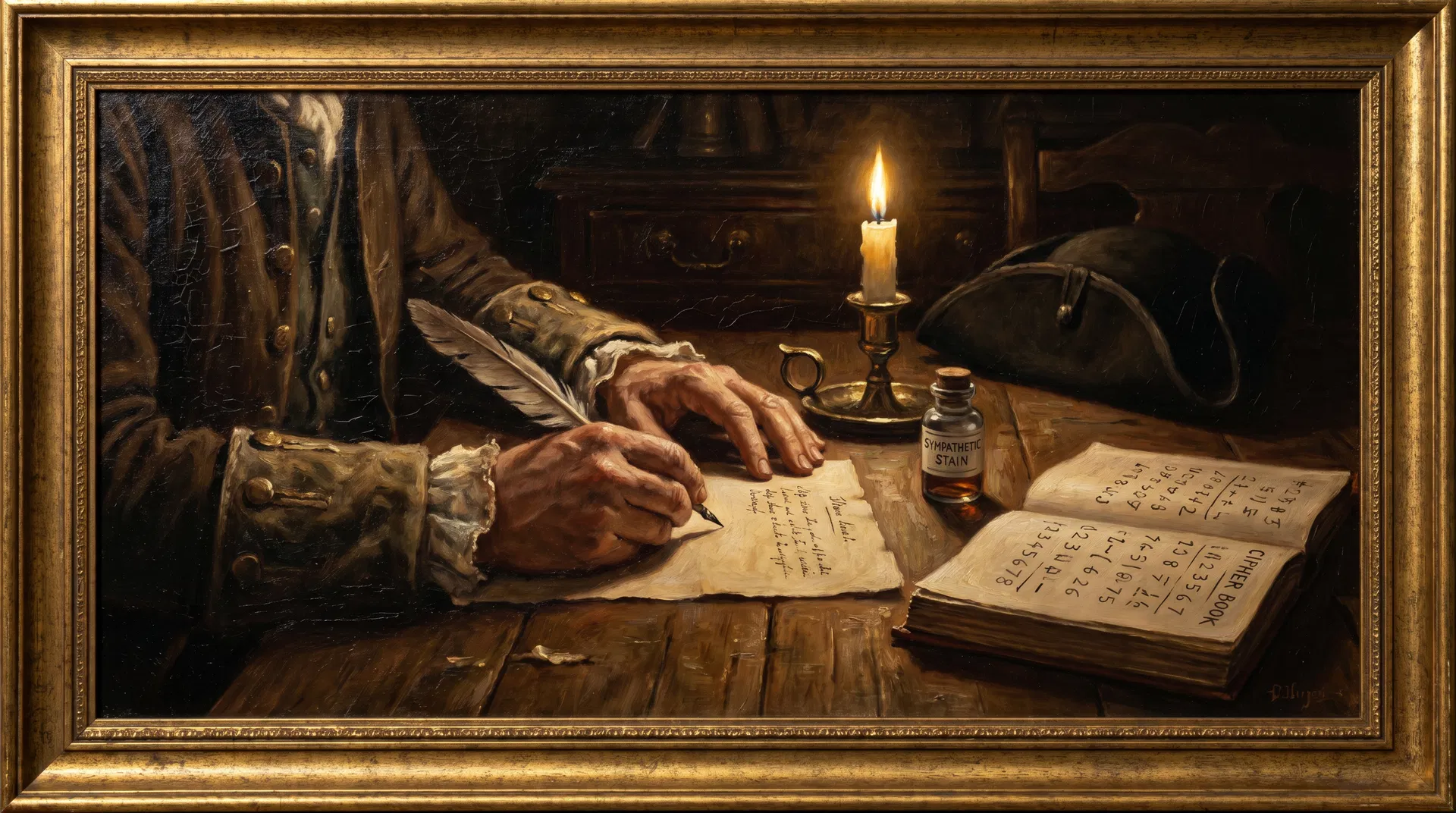 A Culper Ring spy writing a secret message in invisible ink by candlelight, with a cipher codebook open on the desk