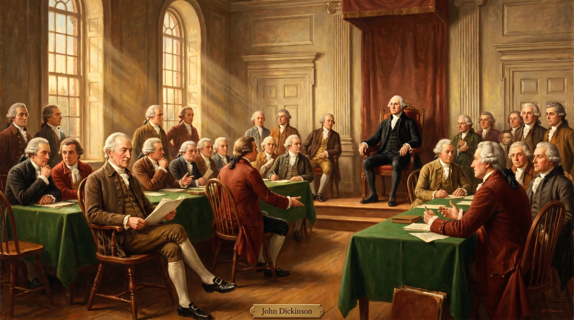 The Constitutional Convention of 1787 in Philadelphia's Independence Hall, with George Washington presiding