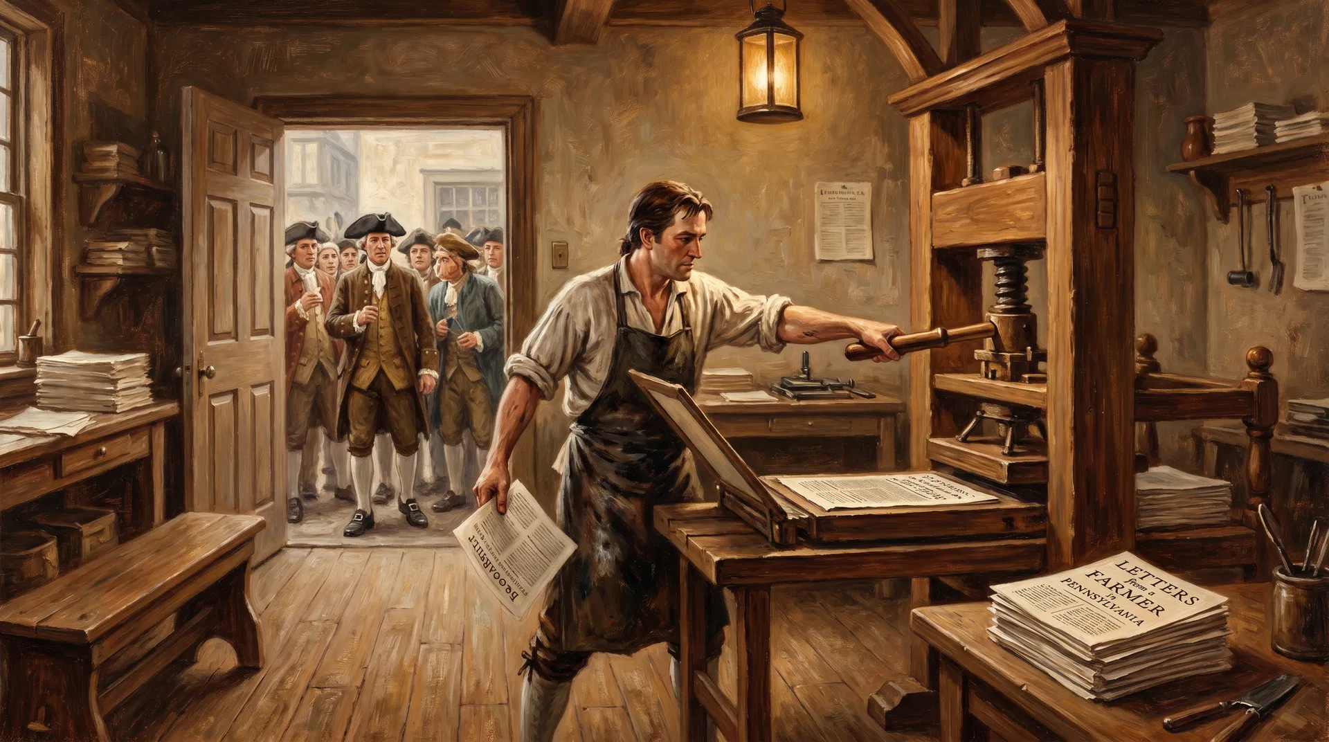 A colonial Philadelphia printing shop producing Letters from a Farmer in Pennsylvania pamphlets